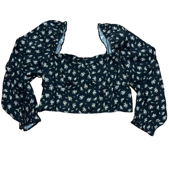 Cropped Linen Smocked Top XL Black Floral Puff Sleeve Fairygoth Cottage Romantic - Picture 2 of 8